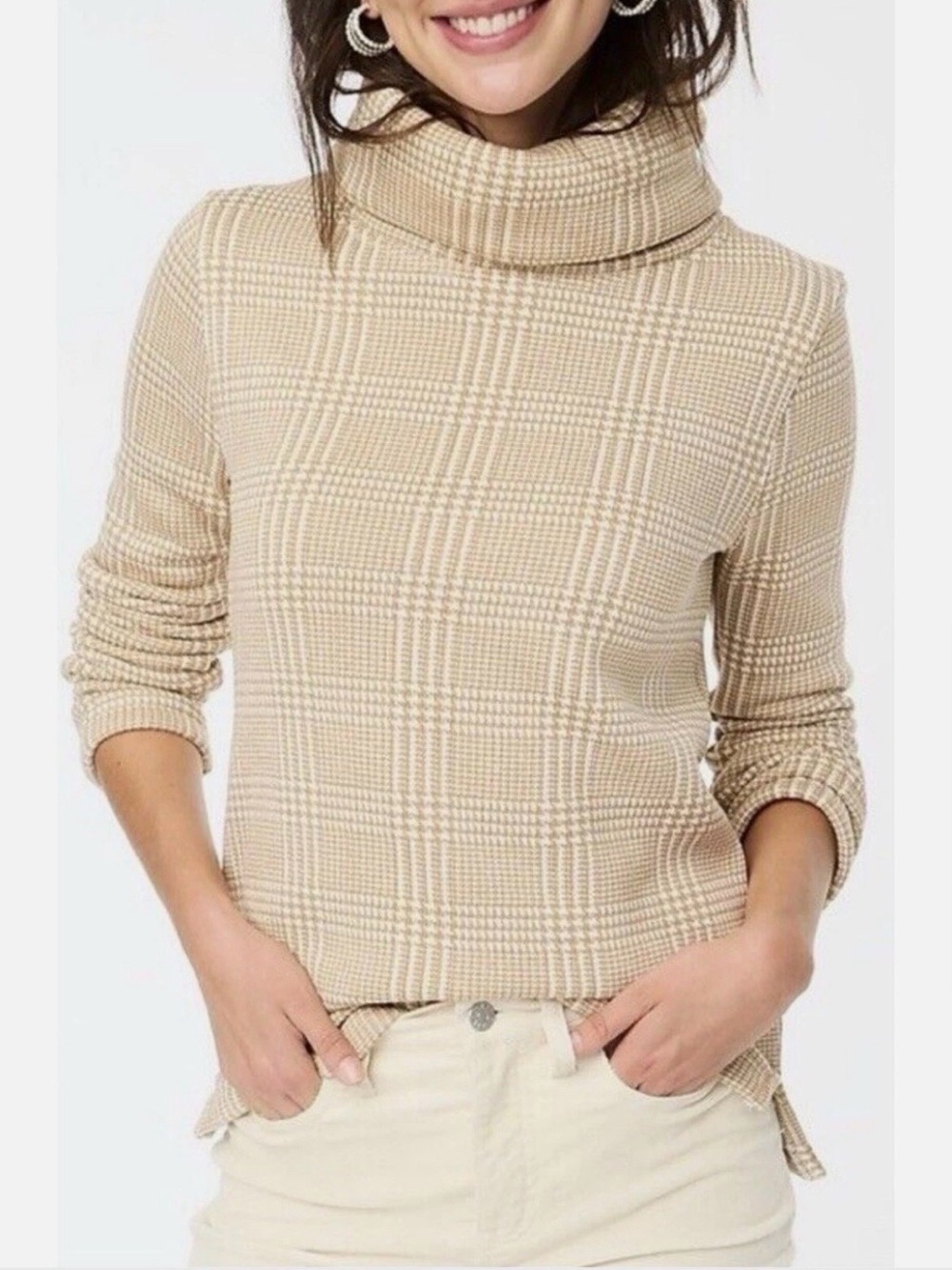 J.Crew Mercantile Tan Glen Plaid Funnelneck Pullover Fleece Sweater Medium